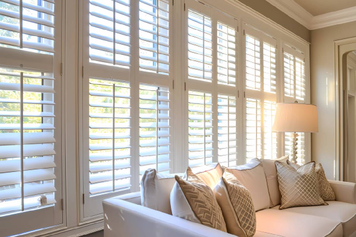 Plantation shutters in a living room near Orange County, CA