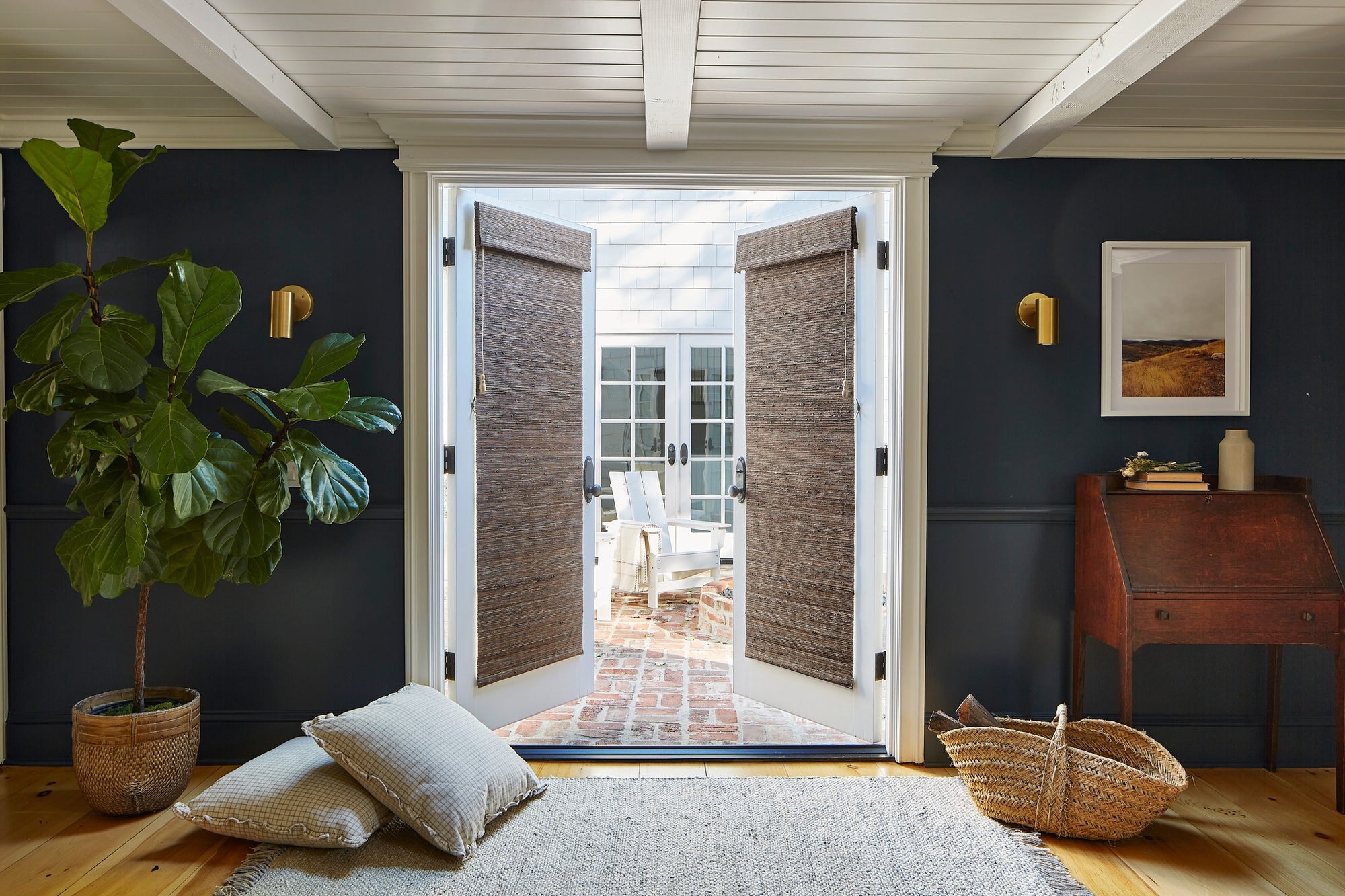 Woven Wood Shades on French doors into backyard | Huntington Beach CA | Custom Window Treatments Orange County CA