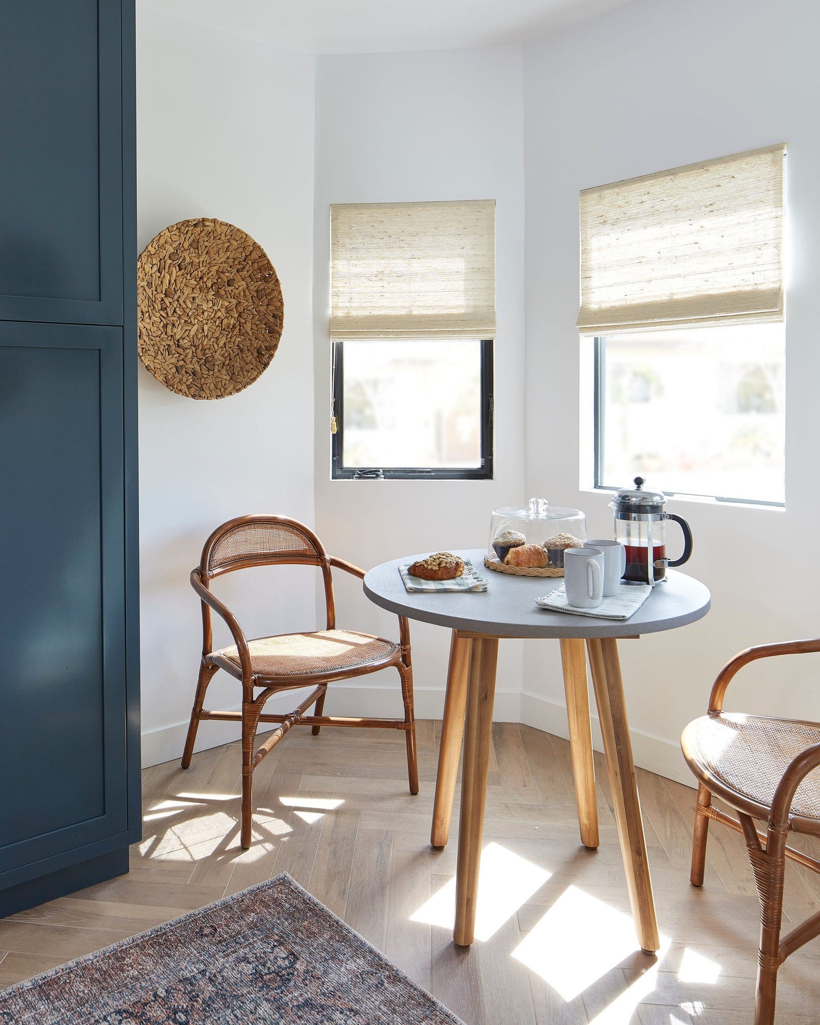 Waterfall Woven Shades in dining room in Huntington Beach, CA | Custom Window Treatments in Newport Beach CA