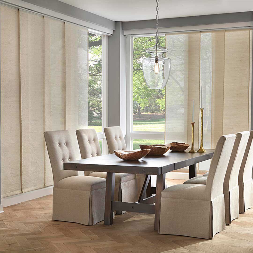 Panel Tracks in Dining Room | Custom window treatments Orange County, CA | Huntington Beach CA | Newport Beach CA